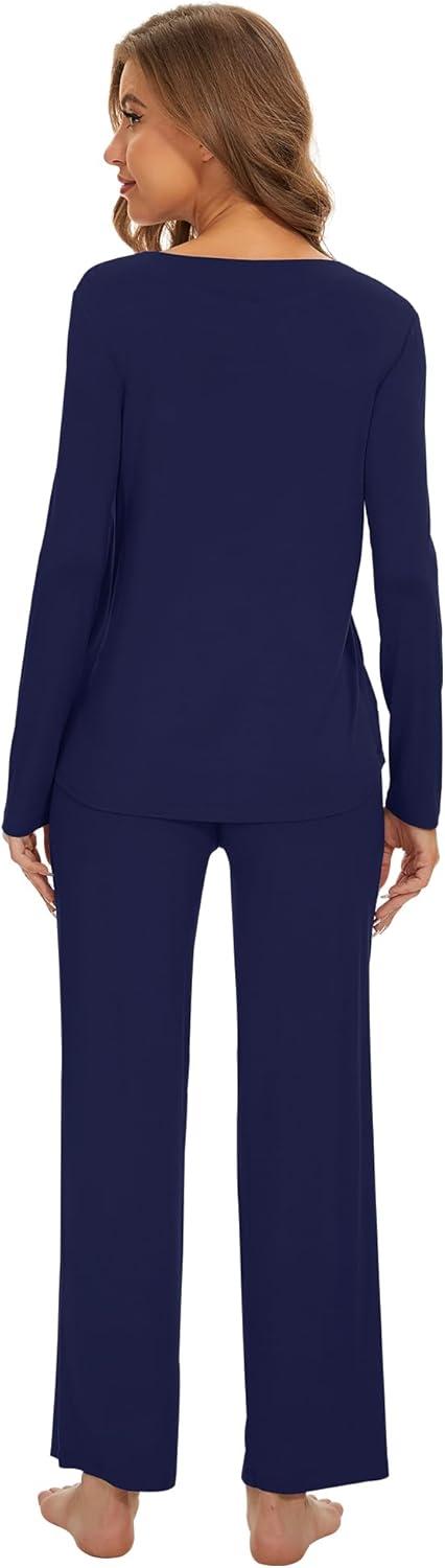 imageWiWi Womens Pajama Set Soft Long Sleeve Tee Pants Sleepwear 2 Piece Comfy Nightwear with Pockets Pjs SXXLAnavy