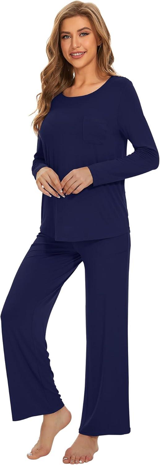imageWiWi Womens Pajama Set Soft Long Sleeve Tee Pants Sleepwear 2 Piece Comfy Nightwear with Pockets Pjs SXXLAnavy