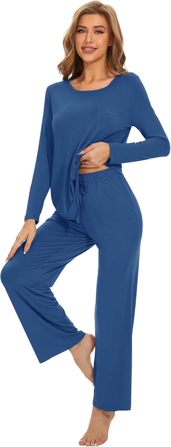 imageWiWi Womens Pajama Set Soft Long Sleeve Tee Pants Sleepwear 2 Piece Comfy Nightwear with Pockets Pjs SXXLAprussian Blue