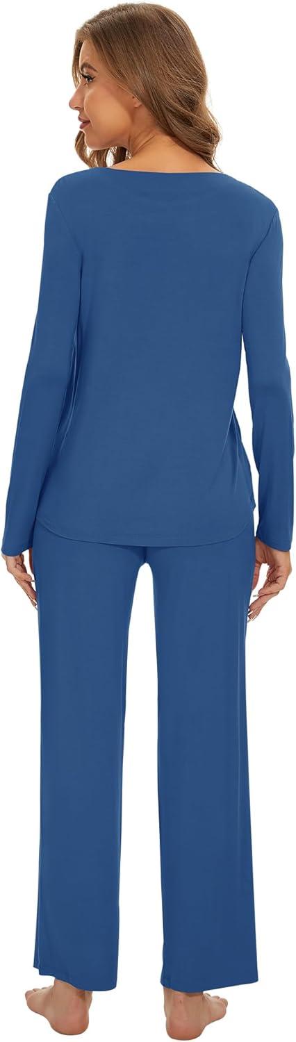 imageWiWi Womens Pajama Set Soft Long Sleeve Tee Pants Sleepwear 2 Piece Comfy Nightwear with Pockets Pjs SXXLAprussian Blue