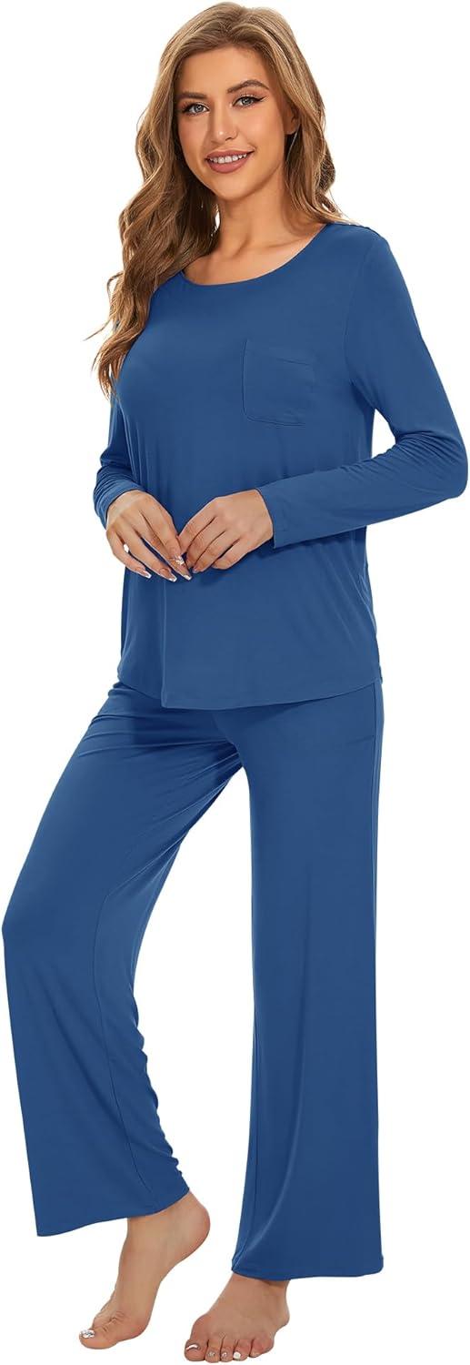 imageWiWi Womens Pajama Set Soft Long Sleeve Tee Pants Sleepwear 2 Piece Comfy Nightwear with Pockets Pjs SXXLAprussian Blue