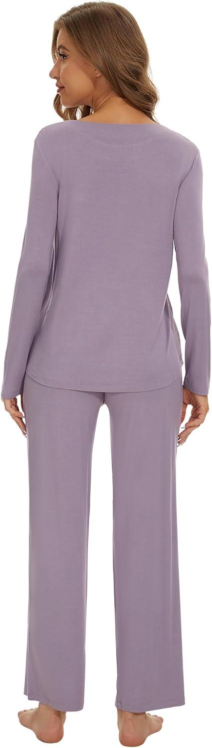 imageWiWi Womens Pajama Set Soft Long Sleeve Tee Pants Sleepwear 2 Piece Comfy Nightwear with Pockets Pjs SXXLAviolet