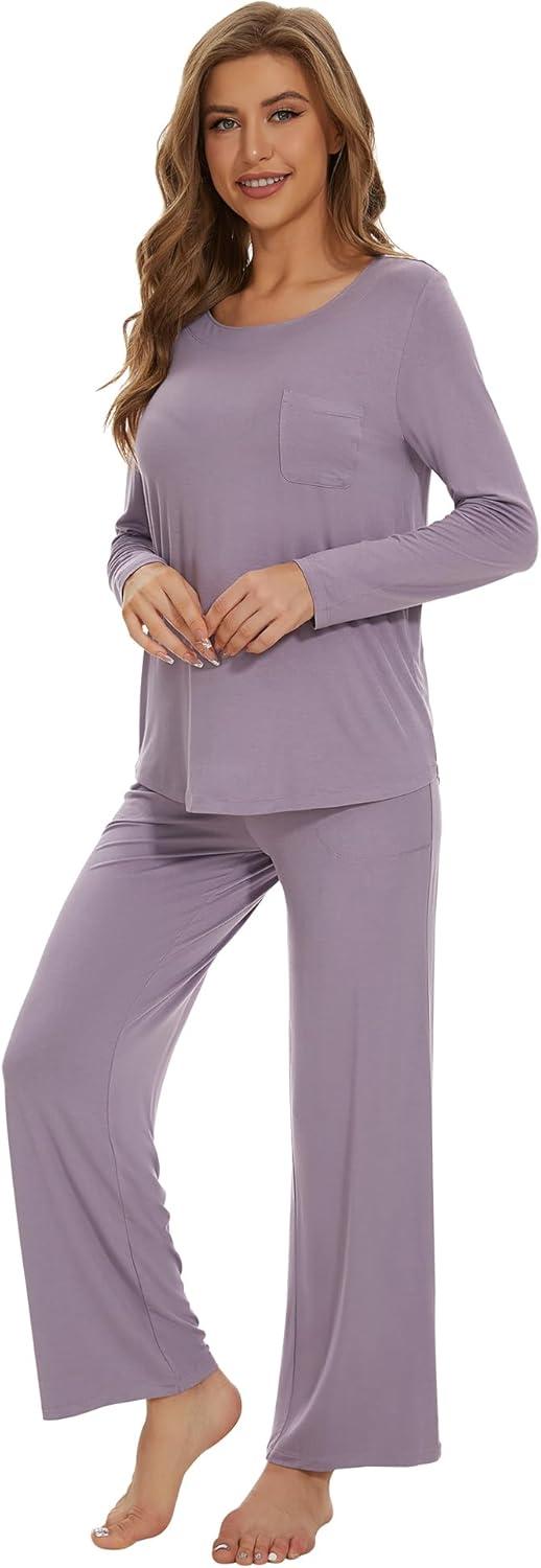 imageWiWi Womens Pajama Set Soft Long Sleeve Tee Pants Sleepwear 2 Piece Comfy Nightwear with Pockets Pjs SXXLAviolet