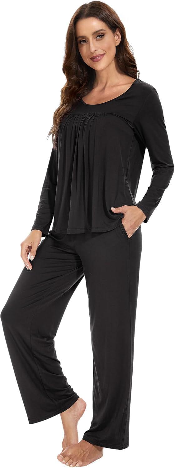 imageWiWi Womens Pajama Set Soft Long Sleeve Tee Pants Sleepwear 2 Piece Comfy Nightwear with Pockets Pjs SXXLBblack