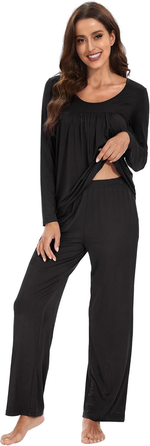 imageWiWi Womens Pajama Set Soft Long Sleeve Tee Pants Sleepwear 2 Piece Comfy Nightwear with Pockets Pjs SXXLBblack