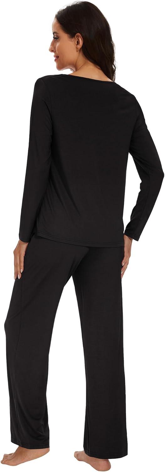 imageWiWi Womens Pajama Set Soft Long Sleeve Tee Pants Sleepwear 2 Piece Comfy Nightwear with Pockets Pjs SXXLBblack