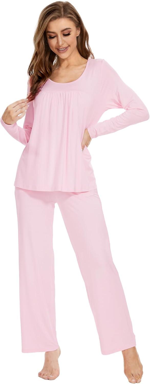 imageWiWi Womens Pajama Set Soft Long Sleeve Tee Pants Sleepwear 2 Piece Comfy Nightwear with Pockets Pjs SXXLBblush Pink