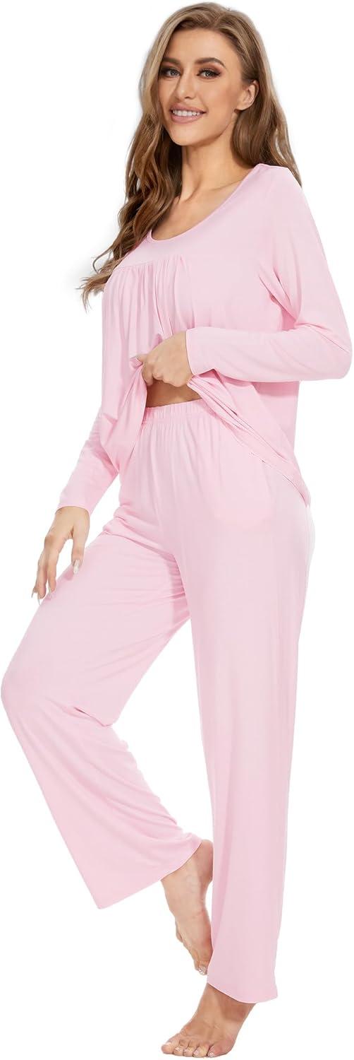 imageWiWi Womens Pajama Set Soft Long Sleeve Tee Pants Sleepwear 2 Piece Comfy Nightwear with Pockets Pjs SXXLBblush Pink