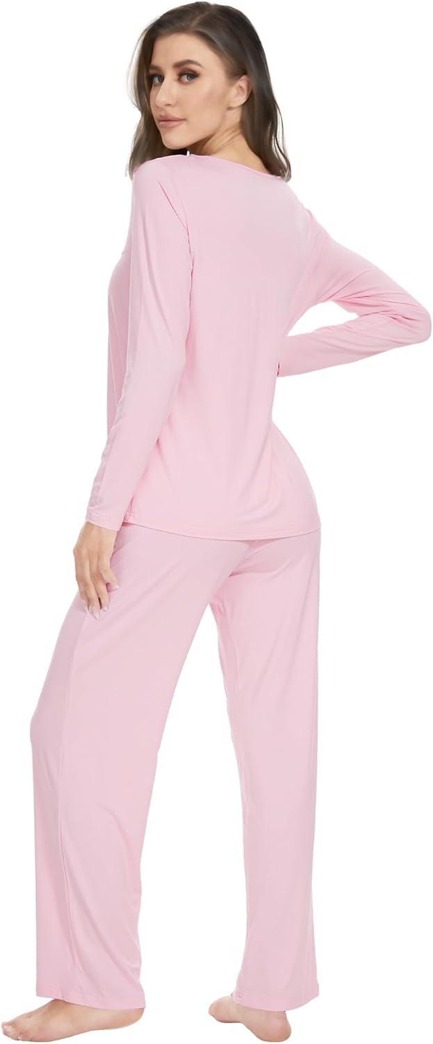 imageWiWi Womens Pajama Set Soft Long Sleeve Tee Pants Sleepwear 2 Piece Comfy Nightwear with Pockets Pjs SXXLBblush Pink