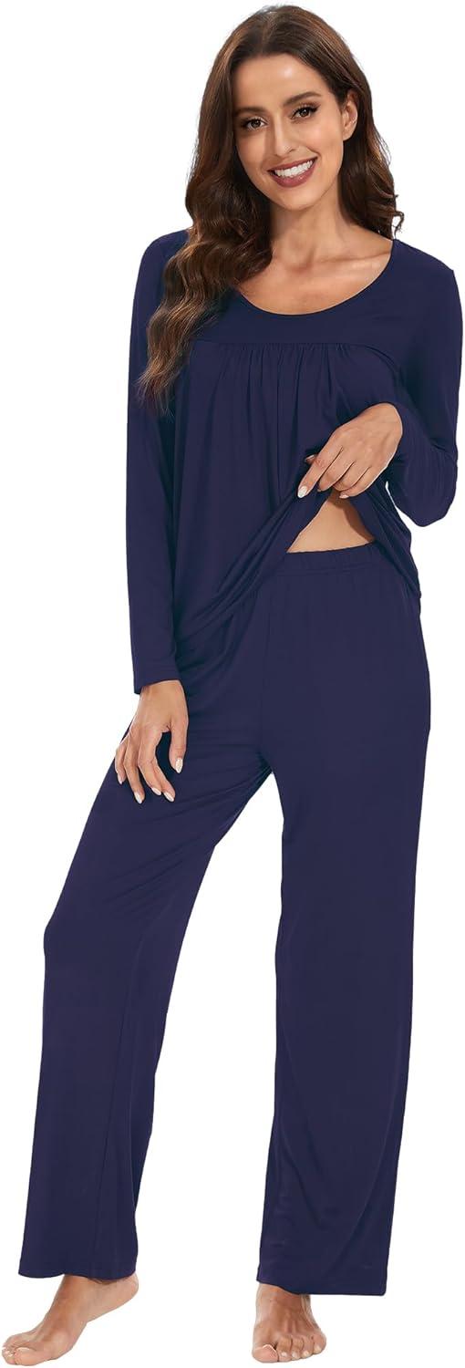imageWiWi Womens Pajama Set Soft Long Sleeve Tee Pants Sleepwear 2 Piece Comfy Nightwear with Pockets Pjs SXXLBnavy
