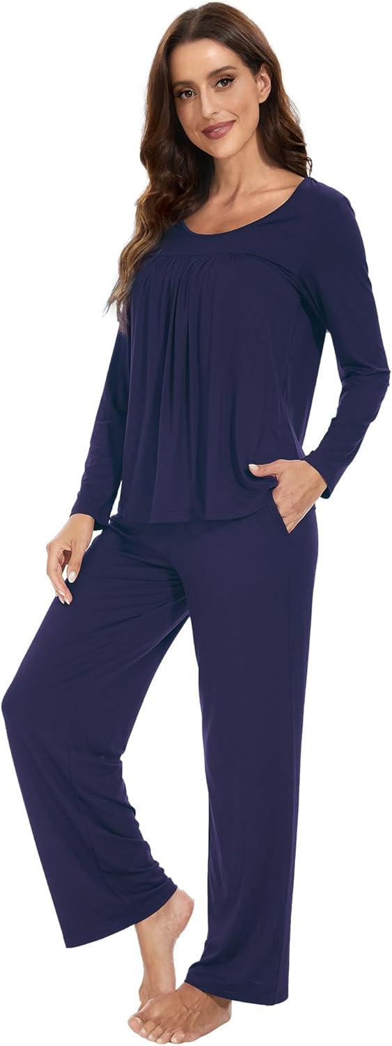 imageWiWi Womens Pajama Set Soft Long Sleeve Tee Pants Sleepwear 2 Piece Comfy Nightwear with Pockets Pjs SXXLBnavy
