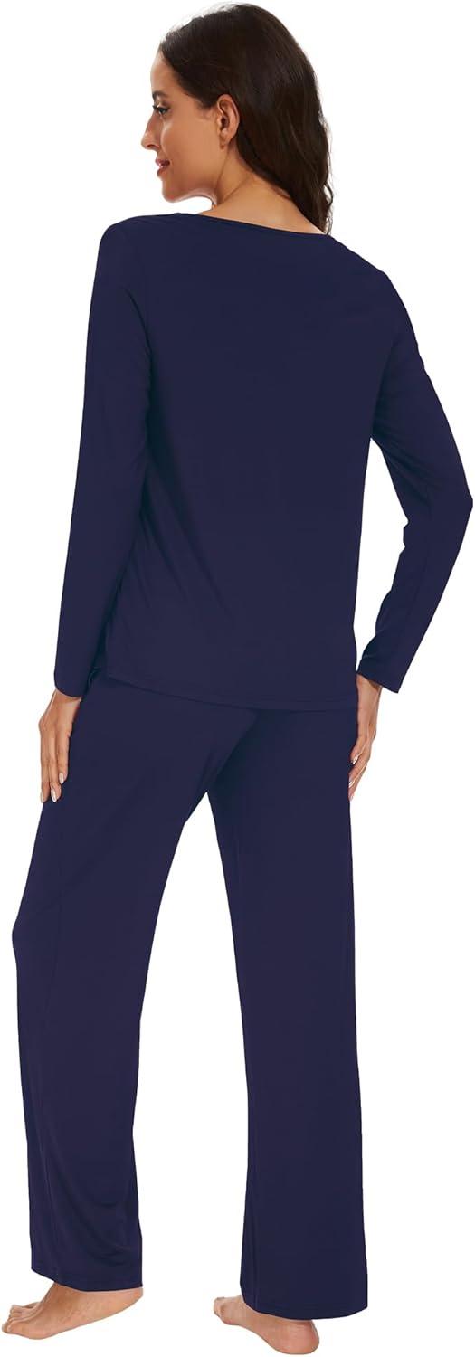 imageWiWi Womens Pajama Set Soft Long Sleeve Tee Pants Sleepwear 2 Piece Comfy Nightwear with Pockets Pjs SXXLBnavy