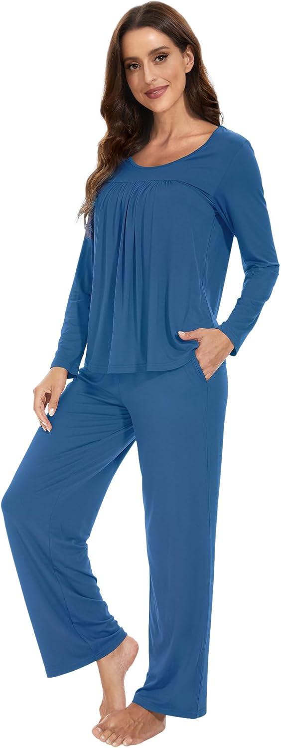 imageWiWi Womens Pajama Set Soft Long Sleeve Tee Pants Sleepwear 2 Piece Comfy Nightwear with Pockets Pjs SXXLBprussian Blue
