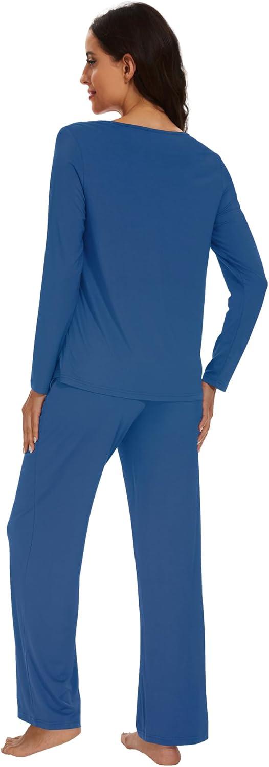 imageWiWi Womens Pajama Set Soft Long Sleeve Tee Pants Sleepwear 2 Piece Comfy Nightwear with Pockets Pjs SXXLBprussian Blue