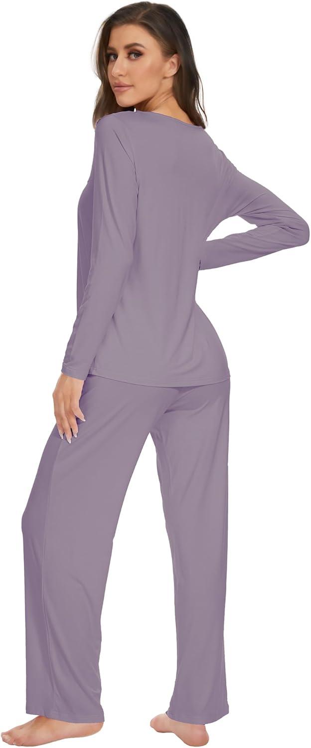 imageWiWi Womens Pajama Set Soft Long Sleeve Tee Pants Sleepwear 2 Piece Comfy Nightwear with Pockets Pjs SXXLBviolet