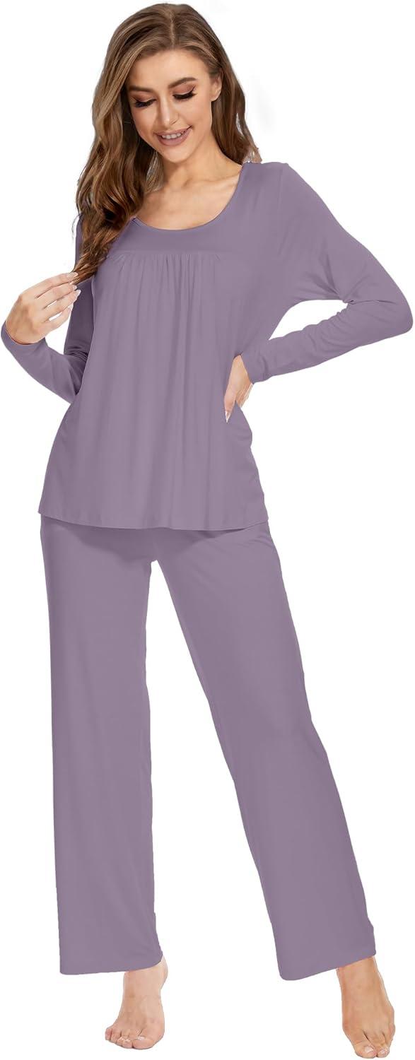 imageWiWi Womens Pajama Set Soft Long Sleeve Tee Pants Sleepwear 2 Piece Comfy Nightwear with Pockets Pjs SXXLBviolet