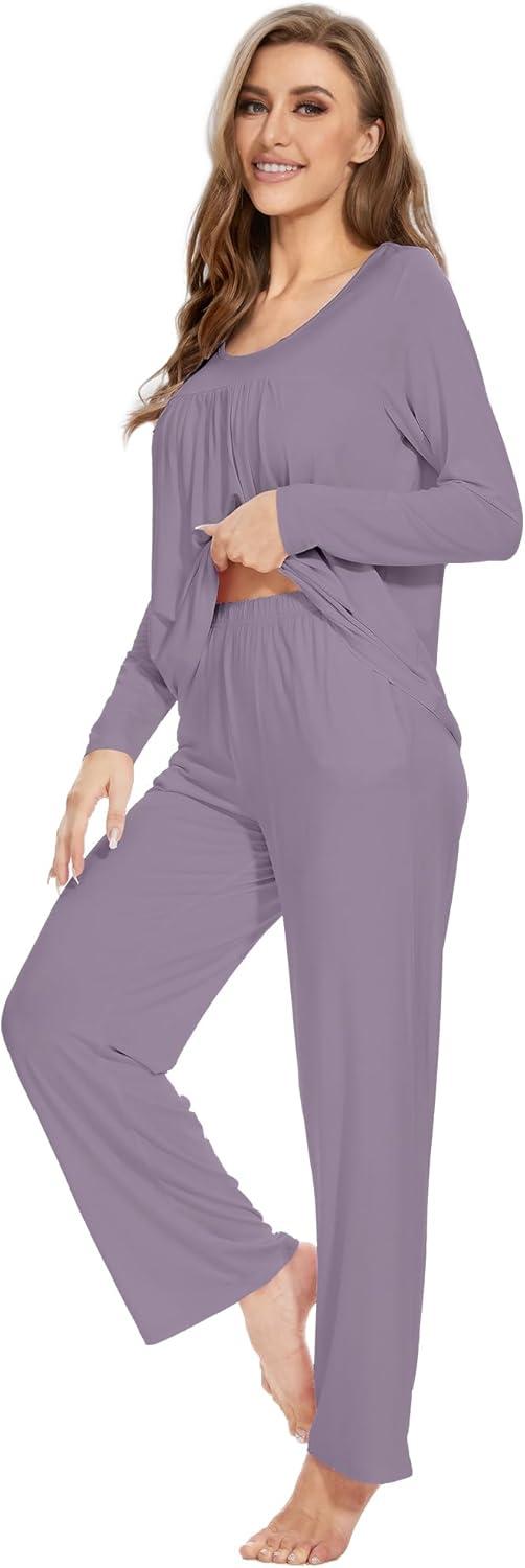 imageWiWi Womens Pajama Set Soft Long Sleeve Tee Pants Sleepwear 2 Piece Comfy Nightwear with Pockets Pjs SXXLBviolet