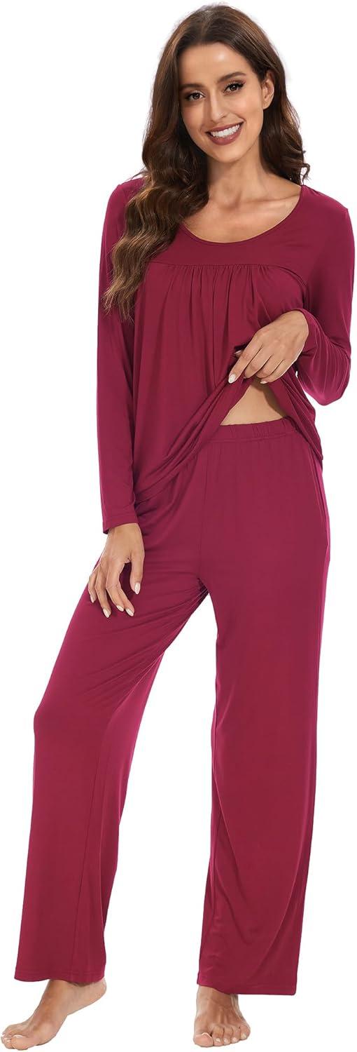 imageWiWi Womens Pajama Set Soft Long Sleeve Tee Pants Sleepwear 2 Piece Comfy Nightwear with Pockets Pjs SXXLBwine
