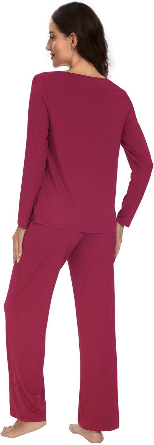 imageWiWi Womens Pajama Set Soft Long Sleeve Tee Pants Sleepwear 2 Piece Comfy Nightwear with Pockets Pjs SXXLBwine