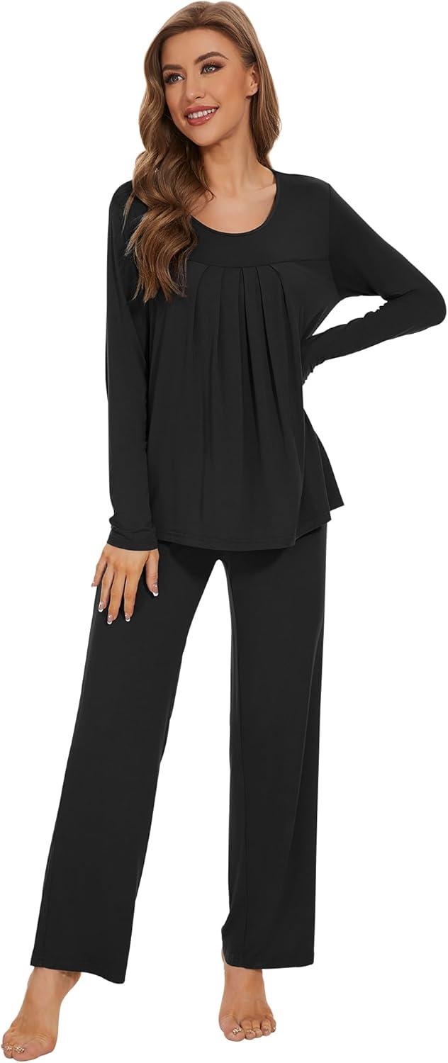 imageWiWi Womens Pajama Set Soft Long Sleeve Tee Pants Sleepwear 2 Piece Comfy Nightwear with Pockets Pjs SXXLCblack
