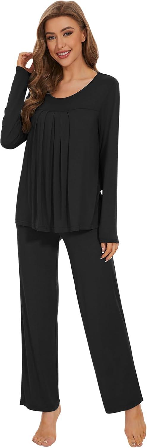 imageWiWi Womens Pajama Set Soft Long Sleeve Tee Pants Sleepwear 2 Piece Comfy Nightwear with Pockets Pjs SXXLCblack