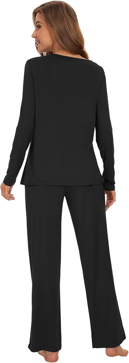 imageWiWi Womens Pajama Set Soft Long Sleeve Tee Pants Sleepwear 2 Piece Comfy Nightwear with Pockets Pjs SXXLCblack