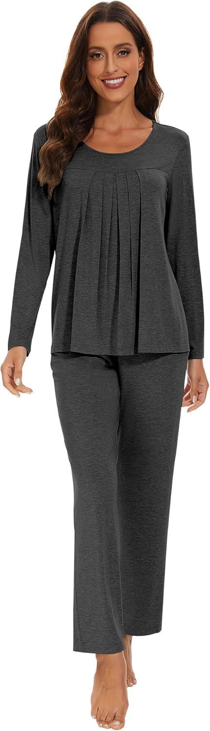 imageWiWi Womens Pajama Set Soft Long Sleeve Tee Pants Sleepwear 2 Piece Comfy Nightwear with Pockets Pjs SXXLCcharcoal Heather