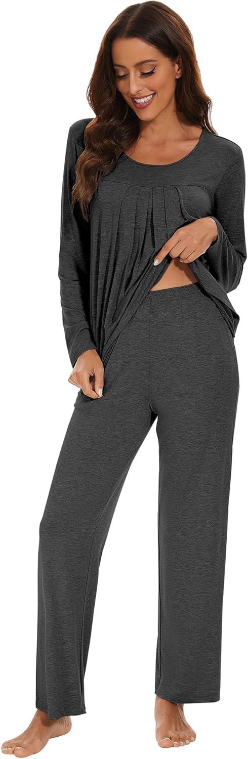 imageWiWi Womens Pajama Set Soft Long Sleeve Tee Pants Sleepwear 2 Piece Comfy Nightwear with Pockets Pjs SXXLCcharcoal Heather