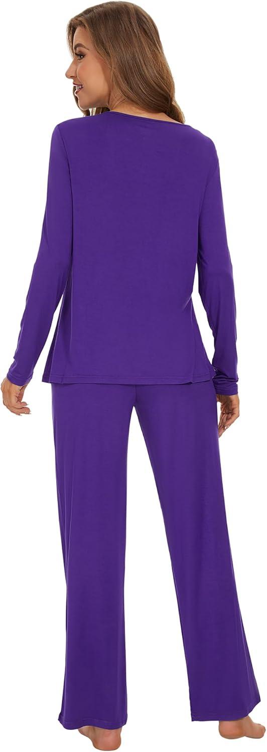 imageWiWi Womens Pajama Set Soft Long Sleeve Tee Pants Sleepwear 2 Piece Comfy Nightwear with Pockets Pjs SXXLCdark Purple