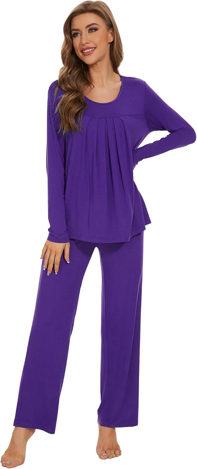 imageWiWi Womens Pajama Set Soft Long Sleeve Tee Pants Sleepwear 2 Piece Comfy Nightwear with Pockets Pjs SXXLCdark Purple