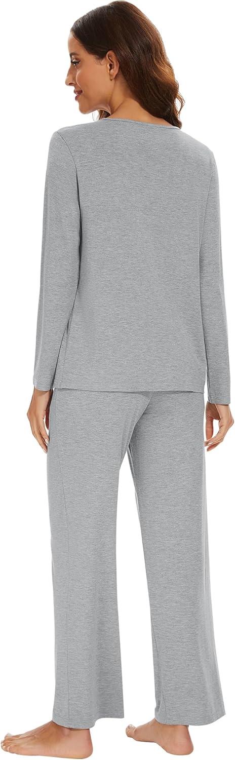 imageWiWi Womens Pajama Set Soft Long Sleeve Tee Pants Sleepwear 2 Piece Comfy Nightwear with Pockets Pjs SXXLCheather Grey