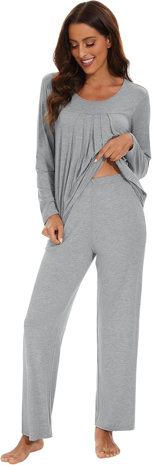 imageWiWi Womens Pajama Set Soft Long Sleeve Tee Pants Sleepwear 2 Piece Comfy Nightwear with Pockets Pjs SXXLCheather Grey
