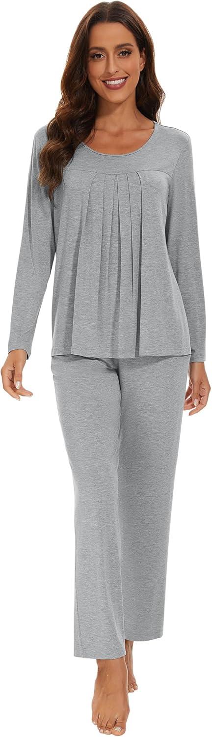 imageWiWi Womens Pajama Set Soft Long Sleeve Tee Pants Sleepwear 2 Piece Comfy Nightwear with Pockets Pjs SXXLCheather Grey