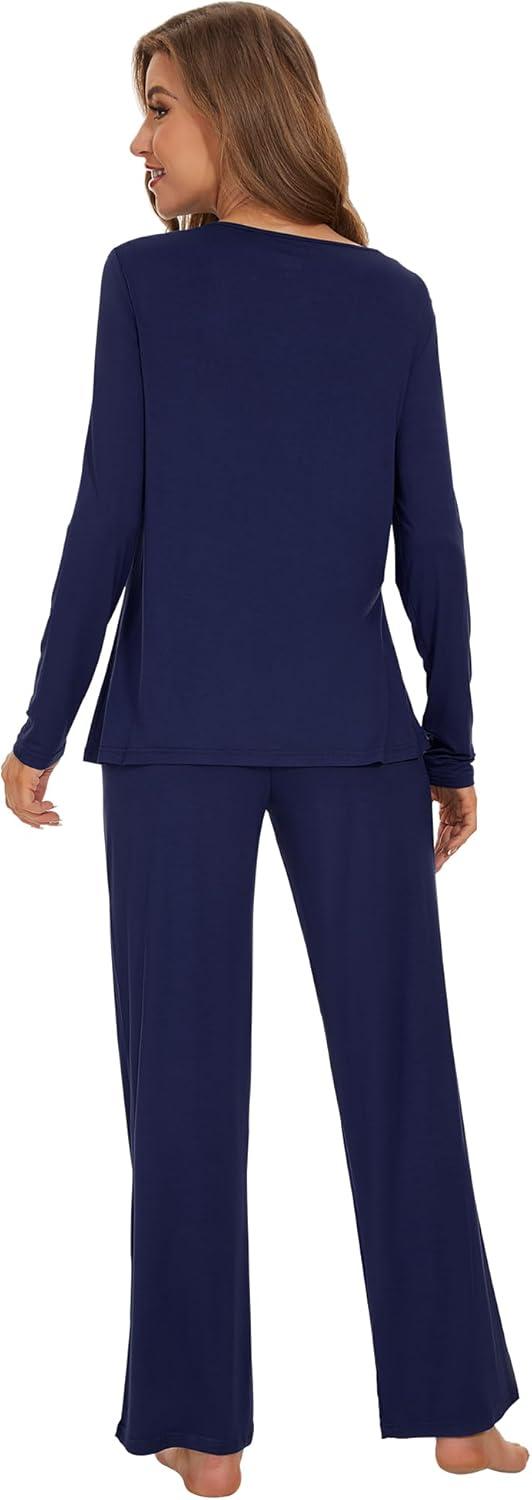 imageWiWi Womens Pajama Set Soft Long Sleeve Tee Pants Sleepwear 2 Piece Comfy Nightwear with Pockets Pjs SXXLCnavy