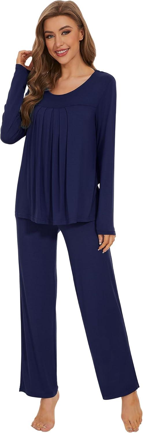 imageWiWi Womens Pajama Set Soft Long Sleeve Tee Pants Sleepwear 2 Piece Comfy Nightwear with Pockets Pjs SXXLCnavy