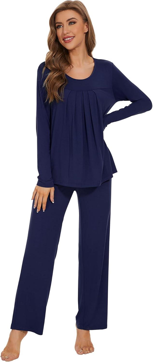 imageWiWi Womens Pajama Set Soft Long Sleeve Tee Pants Sleepwear 2 Piece Comfy Nightwear with Pockets Pjs SXXLCnavy