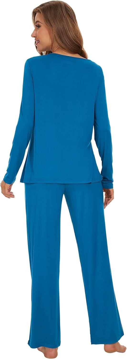 imageWiWi Womens Pajama Set Soft Long Sleeve Tee Pants Sleepwear 2 Piece Comfy Nightwear with Pockets Pjs SXXLCteal Blue
