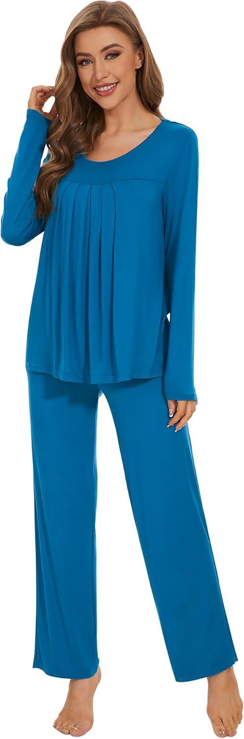 imageWiWi Womens Pajama Set Soft Long Sleeve Tee Pants Sleepwear 2 Piece Comfy Nightwear with Pockets Pjs SXXLCteal Blue