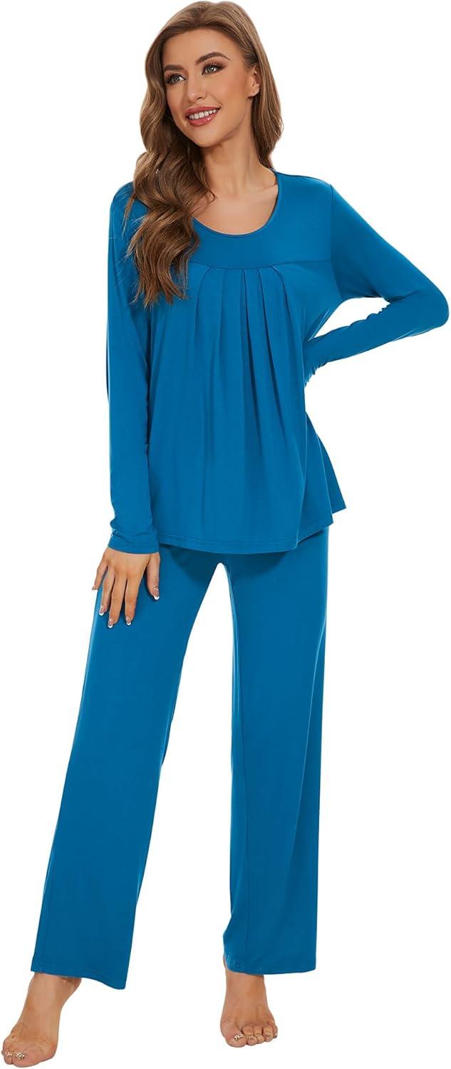 imageWiWi Womens Pajama Set Soft Long Sleeve Tee Pants Sleepwear 2 Piece Comfy Nightwear with Pockets Pjs SXXLCteal Blue