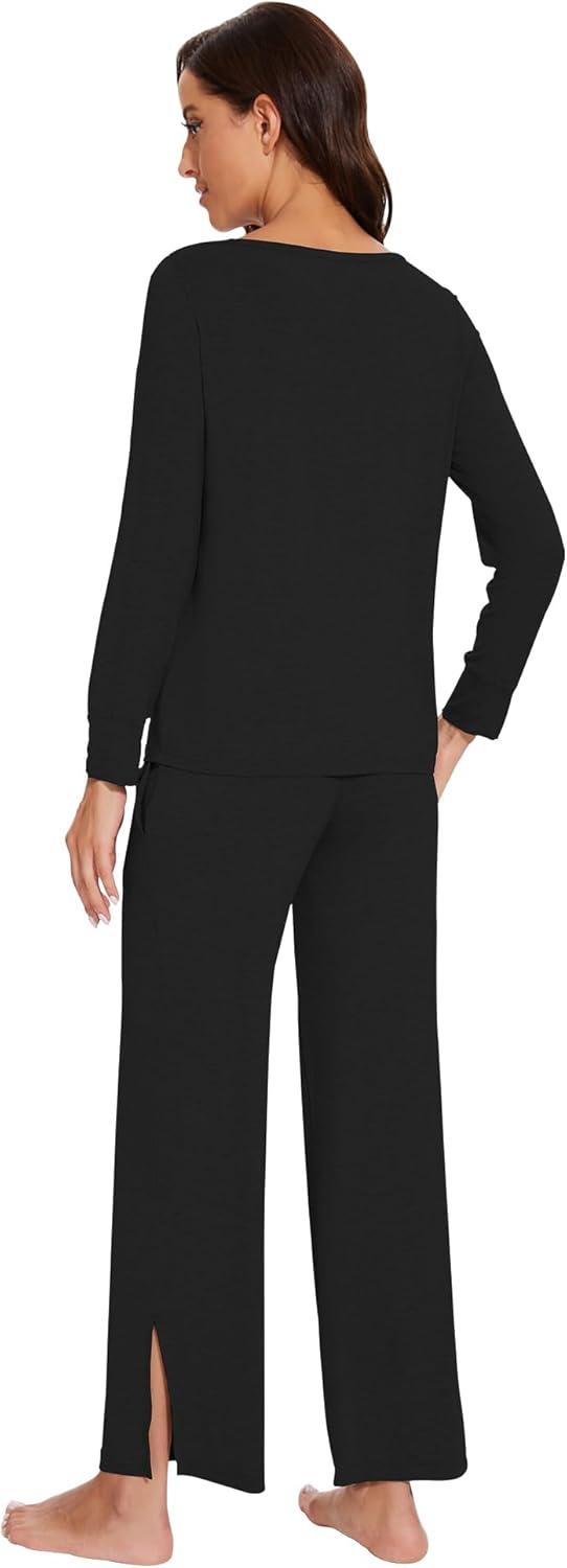imageWiWi Womens Pajama Set Soft Long Sleeve Tee Pants Sleepwear 2 Piece Comfy Nightwear with Pockets Pjs SXXLDblack