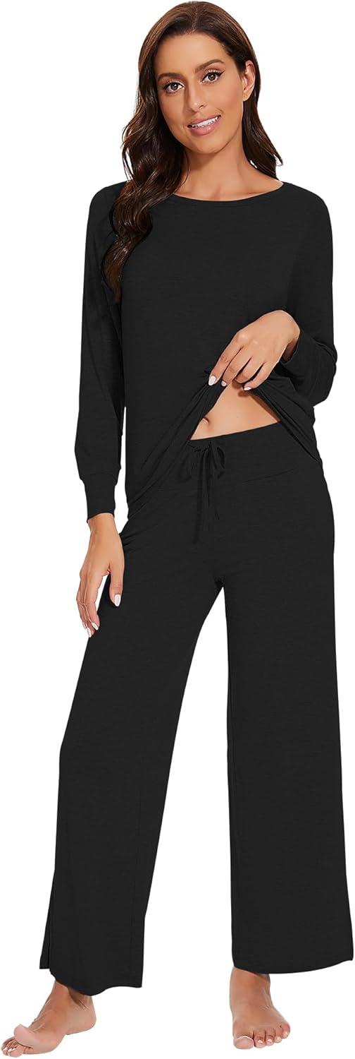 imageWiWi Womens Pajama Set Soft Long Sleeve Tee Pants Sleepwear 2 Piece Comfy Nightwear with Pockets Pjs SXXLDblack