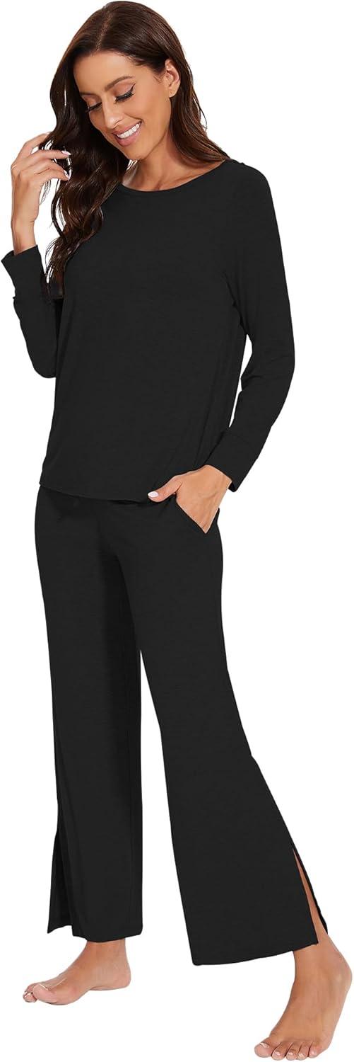imageWiWi Womens Pajama Set Soft Long Sleeve Tee Pants Sleepwear 2 Piece Comfy Nightwear with Pockets Pjs SXXLDblack