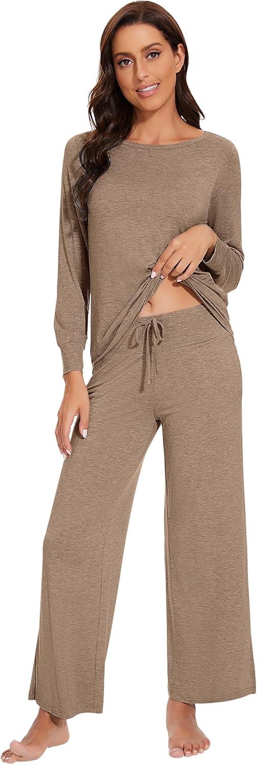 imageWiWi Womens Pajama Set Soft Long Sleeve Tee Pants Sleepwear 2 Piece Comfy Nightwear with Pockets Pjs SXXLDcamel