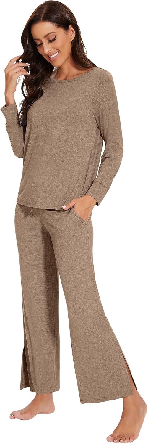 imageWiWi Womens Pajama Set Soft Long Sleeve Tee Pants Sleepwear 2 Piece Comfy Nightwear with Pockets Pjs SXXLDcamel