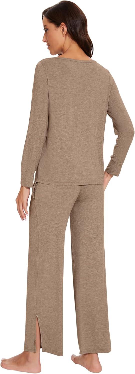 imageWiWi Womens Pajama Set Soft Long Sleeve Tee Pants Sleepwear 2 Piece Comfy Nightwear with Pockets Pjs SXXLDcamel