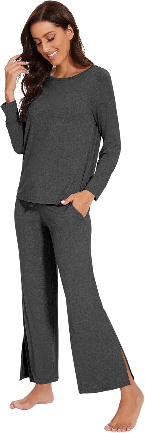imageWiWi Womens Pajama Set Soft Long Sleeve Tee Pants Sleepwear 2 Piece Comfy Nightwear with Pockets Pjs SXXLDcharcoal Heather