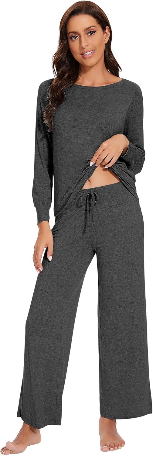 imageWiWi Womens Pajama Set Soft Long Sleeve Tee Pants Sleepwear 2 Piece Comfy Nightwear with Pockets Pjs SXXLDcharcoal Heather