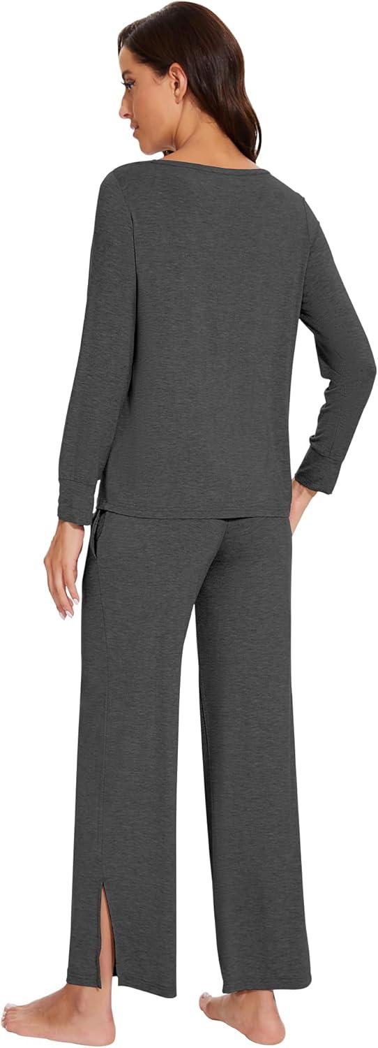 imageWiWi Womens Pajama Set Soft Long Sleeve Tee Pants Sleepwear 2 Piece Comfy Nightwear with Pockets Pjs SXXLDcharcoal Heather