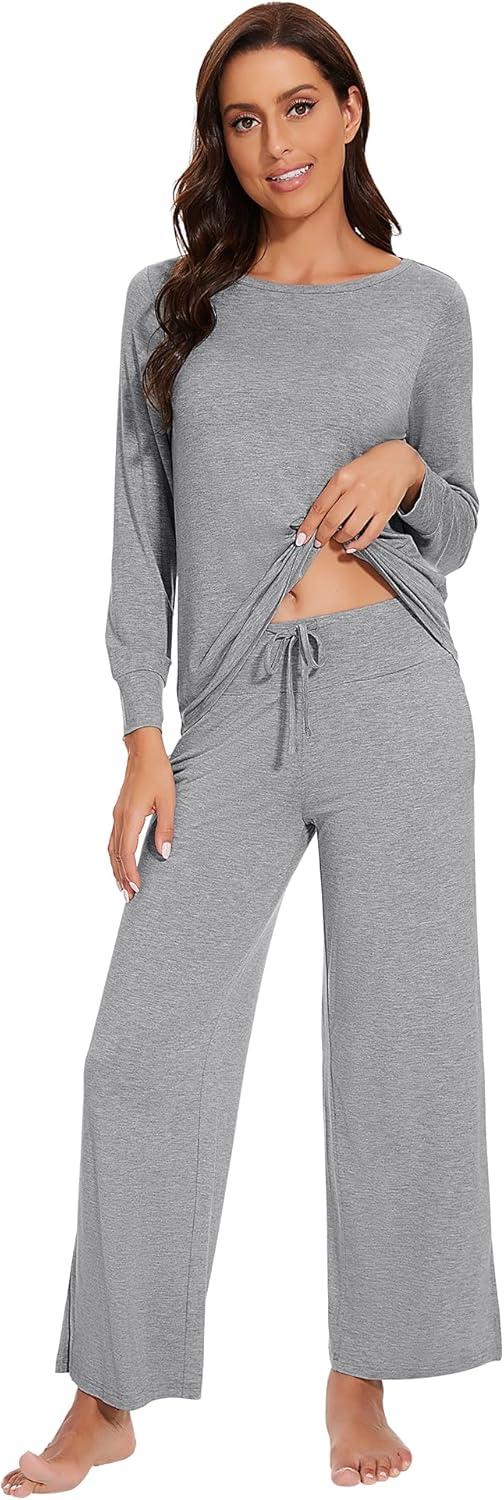 imageWiWi Womens Pajama Set Soft Long Sleeve Tee Pants Sleepwear 2 Piece Comfy Nightwear with Pockets Pjs SXXLDheather Grey