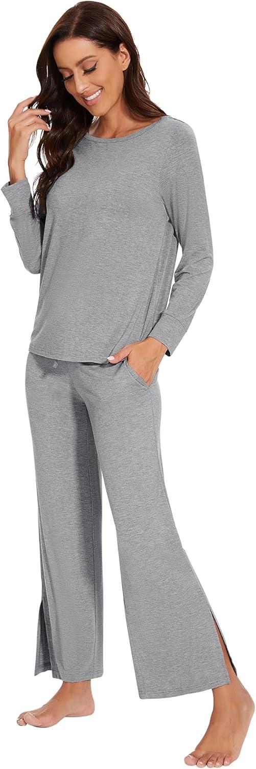 imageWiWi Womens Pajama Set Soft Long Sleeve Tee Pants Sleepwear 2 Piece Comfy Nightwear with Pockets Pjs SXXLDheather Grey
